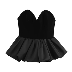 Damen Elegantes Schwarzes Samt Patchwork Tube Top Sexy Trägerlos Schößchen Saum Ärmelloses Oberteil