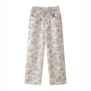 Pantaloni larghi bianchi da donna con motivo floreale rosa e coulisse in vita elegante