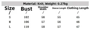 Detailed size chart for women's knit cardigan showing measurements for S, M, and L sizes