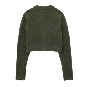 Rear view of short olive green knit cardigan with ribbed cuffs and thick textured wool