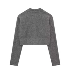 Detail of dark grey cropped knit cardigan showing the soft texture and clean back view