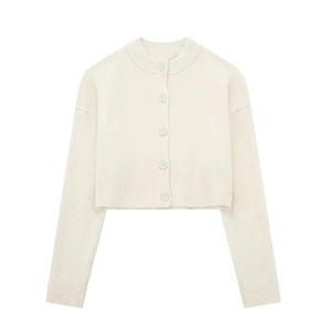 Detail of a creamy beige knit cardigan featuring a round neck and five matching buttons