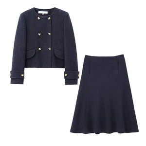 Veste Femme Élégante Double Boutonnage Style Tweed Et Jupe Midi Trapèze Bleu Marine Col Rond Vêtements De Dessus Et Jupe Ensembles