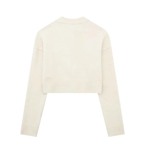Back view of a white cropped knit cardigan featuring ribbed cuffs and a minimalist design