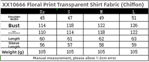 Detailed size guide table for floral print chiffon shirt showing measurements in cm