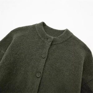 Women's dark olive green wool knit cardigan with round neck and three front buttons