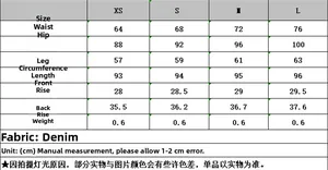 Size chart table for denim jeans with measurements for XS S M L waist and hip size