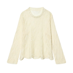Beige hollow diamond-knit sweater with elegant wavy edges and a classic round neck