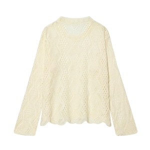 Women's cream white hollow knit sweater with diamond pattern and wavy hemline back view