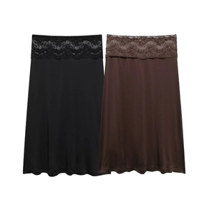 Gonna Midi da Donna Casual Minimalista a Linea A Con Ampio Fascio in Pizzo Poliestere Satinato Tinta Unita