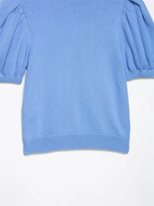 Detail of light blue knit top featuring trendy puff sleeves and ribbed texture cuffs