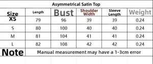 Größentabelle für Satin-Oberteil mit asymmetrischem Schnitt und genauen Maßen von XS bis M