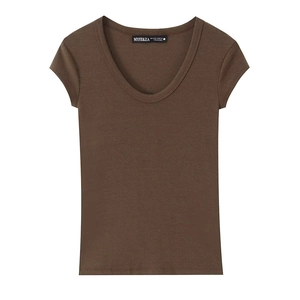 Slim fit brown short sleeve T-shirt with deep U-neck and ribbed knit texture for women