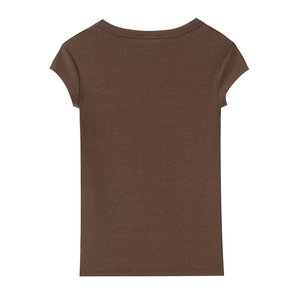 Slim fit minimalist dark brown crew neck short sleeve T-shirt shown from the back