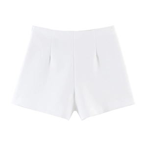 Minimalist white high-waisted shorts with pleated design and structured silhouette