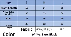 Size chart for women's knit top showing measurements for S, M, L in white and blue