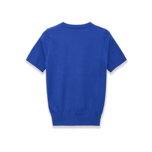 Royal blue short sleeve knit sweater with ribbed crew neck and slim fit flat lay view