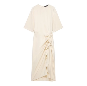 Chic beige midi dress with elegant side pleats and ruffled details for a modern spring look