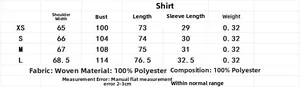 Size chart for women's loose solid shirt showing XS to L measurements in centimeters