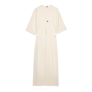 Back view of elegant off-white midi dress with hollow-out design and button details