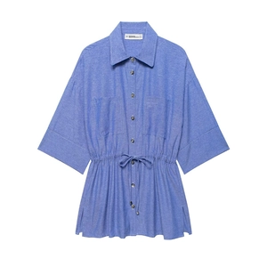 Women's casual blue short-sleeve cotton-linen shirt with drawstring waist and silver buttons