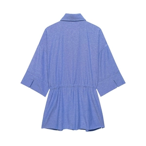 Women's casual blue short sleeve button-down shirt with elastic waist and back slit detail