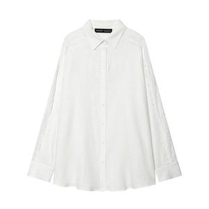 Camicia Donna in Misto Lino Casual Larga Patchwork in Pizzo Manica Lunga Rever Monopetto Bianca Top Blusa Moda