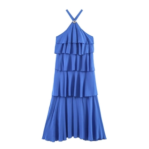 Koningsblauw Halter Maxi Jurk Met Stroken Elegante Ruches Cake Rok Met Metalen Ring Voor Dames Zomer Feest Vakantie
