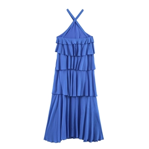 Elegante koningsblauwe halter maxi-jurk met stijlvol gelaagd ruches ontwerp