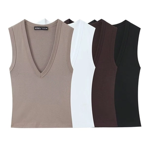 Women's slim fit V-neck sleeveless tank top available in khaki, white, coffee, and black