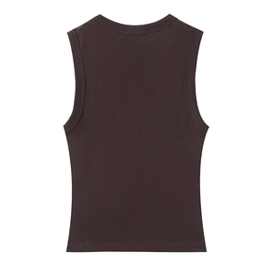 Detailed back view of sleeveless V-neck top in deep brown soft knit fabric
