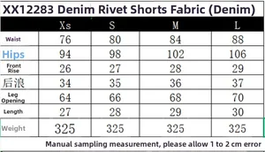 Guida alle taglie dettagliata per pantaloncini di jeans con borchie, misure da XS a L