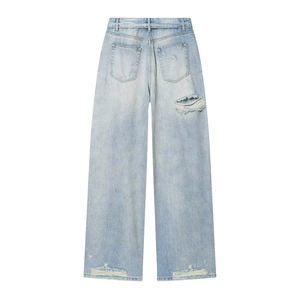 Light blue straight wide leg denim jeans with distressed back pocket ripped details