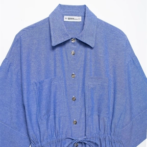 Blue casual loose shirt dress with lapel collar, double pockets and drawstring waist