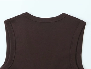 Close-up of the ribbed crew neckline and knitted texture on a dark brown sleeveless tank top