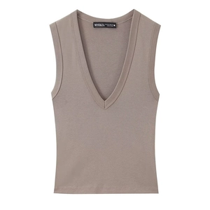 Women sleeveless V-neck tank top in taupe brown with comfortable ribbed knit fabric