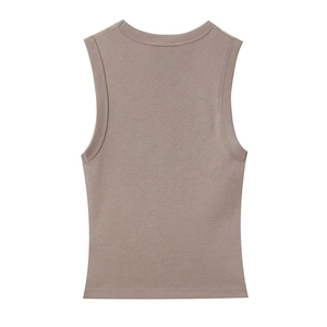 Women's chic sleeveless V-neck tank top in taupe cotton knit, back view on white background