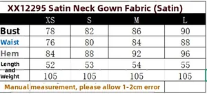 Size chart for satin halter top showing chest, waist, and length measurements from XS to L