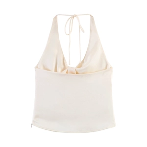 Elegantes cremeweißes Neckholder-Top aus Satin mit seidiger Textur und V-Ausschnitt