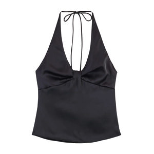 Elegantes schwarzes Satin-Neckholder-Top mit tiefem V-Ausschnitt und Knotendetail vorne