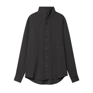 Deep grey long sleeve button-up shirt with chest pocket and minimalist high collar design