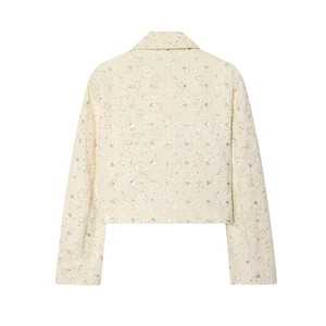Elegante beige Tweed-Kurzjacke für Damen mit floraler Textur und dezenten Pailletten
