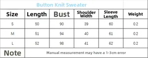 Größentabelle für den Strickpullover mit Knöpfen mit detaillierten Maßen von S bis L