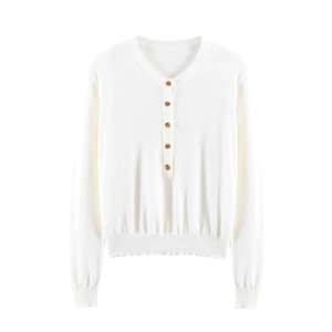 Damen Strickoberteil in Weiß mit Henley-Ausschnitt und braunen Knopfdetails
