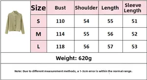 Size chart for high neck knit cardigan with chest and length measurements in cm