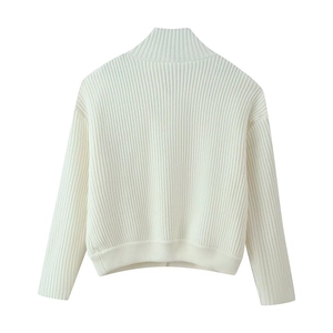 Classic beige rib-knitted turtleneck cardigan with button detail from back view