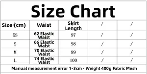 Size chart for women polka dot mesh maxi skirt with elastic waist and length measurements
