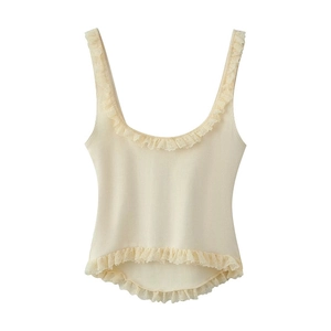 Women's cream rib-knit tank top with delicate lace trim and curved hemline