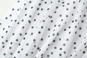 Detailed macro shot of white mesh fabric with black polka dots and wavy texture