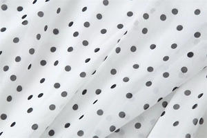 Close-up of white chiffon fabric featuring classic black polka dots and elegant texture